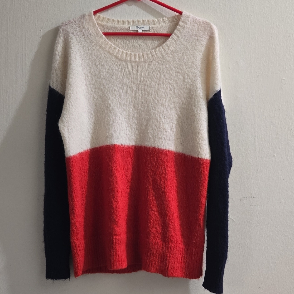 Madewell Cream Colorblock Wool Crew Neck Sweater